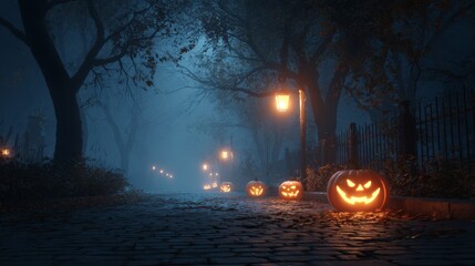 Spooky Halloween Themed Celebration, A spooky street illuminated by jack-o'-lanterns under a dark, misty night sky.