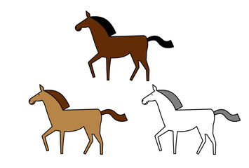 歩く馬のイラストのセット　主線あり　年賀状素材
