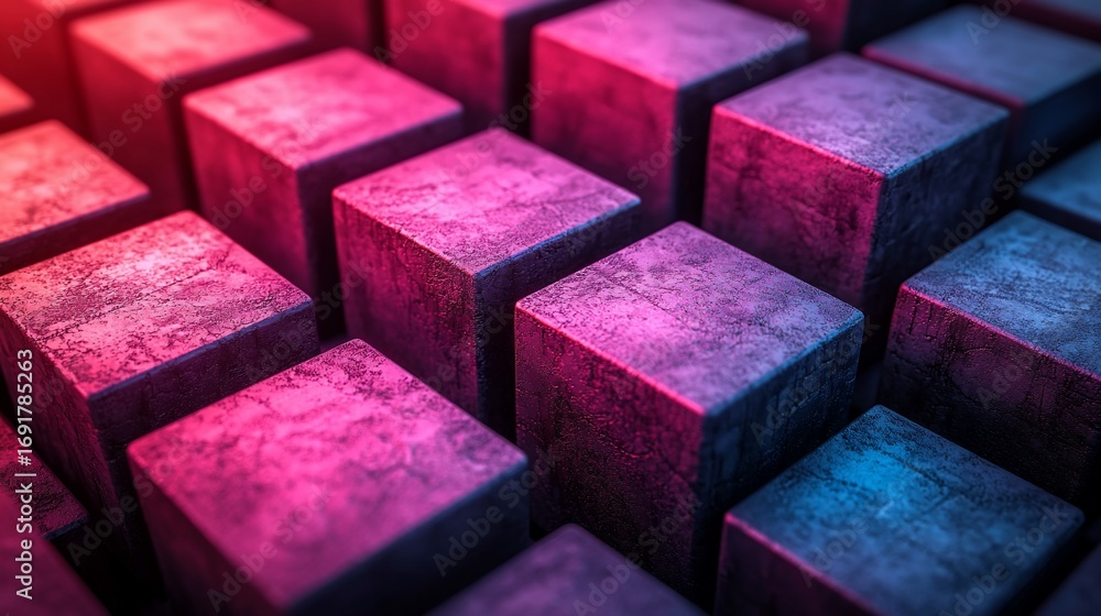 Poster abstract geometric cubes, rows of textured blocks, vibrant gradient light, data visualization