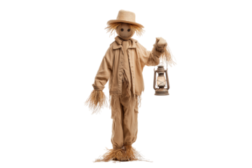 A Halloween scarecrow holding a lantern in one hand, isolated on a transparent background.