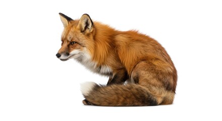 Red Fox Sitting Side Profile in White Background