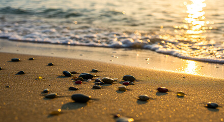 Golden Hour at the Beach: Tranquil Scene of Pebbles and Gentle Waves at Sunset