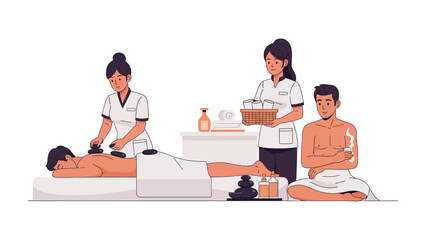 Three diverse business professionals in dark suits examining and selecting small bottles of perfume or cologne from a display table