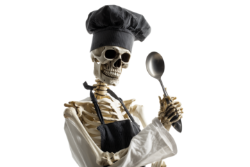 A Halloween skeleton chef wearing a hat and holding a spoon, isolated on a transparent background.