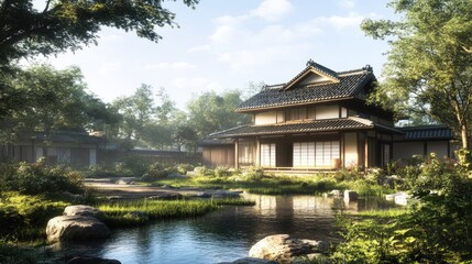 Fototapeta premium Tranquil Japanese House by the Pond: A Serene Architectural Masterpiece