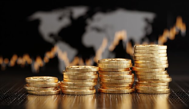 Gold coins stacked in ascending order, against a world map and stock market graph background