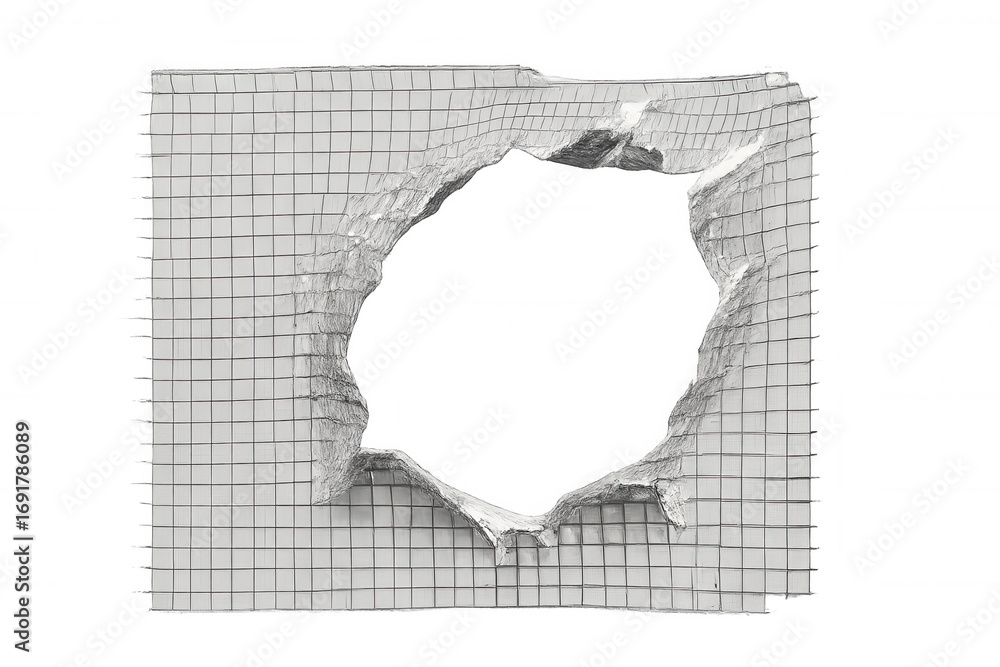 Fototapete torn grid paper creating a transparent circular hole with crumpled edges on a transparent background