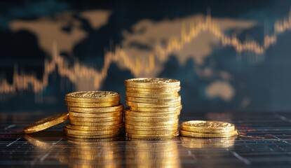Gold coins stacked on a table, financial market background