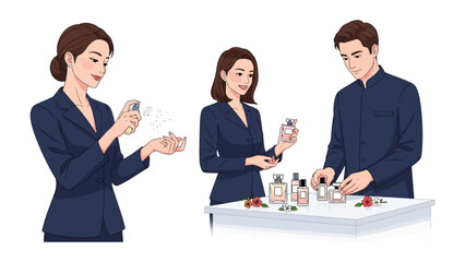 Elegance and Fragrance: Three individuals meticulously test perfumes, focusing on the sensory experience and the art of scent selection. 