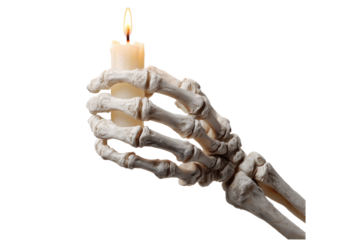 A Halloween skeleton hand holding a burning candle, isolated on a transparent background.