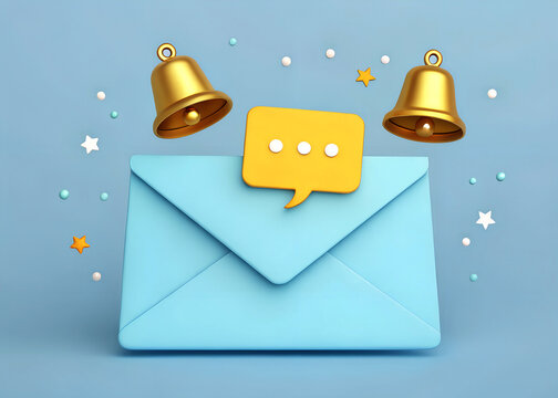3d illustration of a blue envelope with a yellow chat bubble and golden bells signifying new message notification