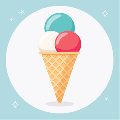 Refreshing summer delight featuring three vibrant scoops of frozen dessert in a classic waffle cone, evoking feelings of joy and sweet indulgence