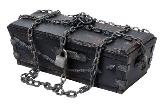 A Halloween coffin with chains and padlock, isolated on a transparent background.