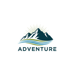 Stylized logo depicting three mountain peaks with snow, sun rays, and curving blue and green lines representing water. The word "ADVENTURE" is written below.