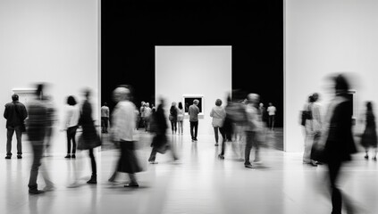 Crowded art gallery interior, black and white, motion blur