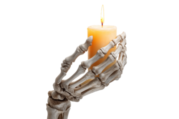 A Halloween skeleton hand holding a burning candle, isolated on a transparent background.