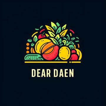 Decorative bold logo style fruit emblem illustration with text Dear Daen, symbolizing culture, creativity, branding and lifestyle, a decorative artwork merging typography subject with colorful decorat