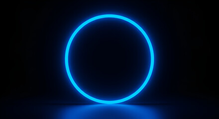Obraz premium Illuminated glowing blue neon circle ring on dark black background simple clean