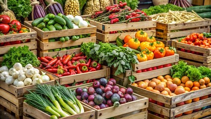 Fresh produce in wooden crates at a market stall