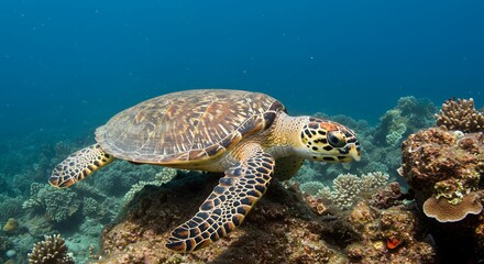 Sea turtle underwater coral reef