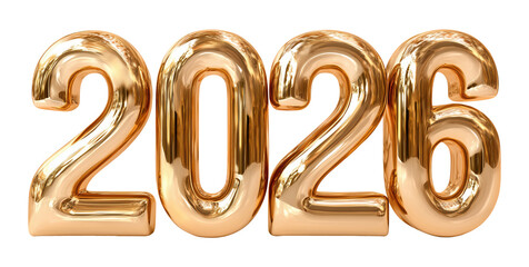 Shiny gold metallic numbers 2026 isolated on transparent background