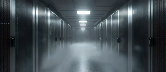 A long data center hallway lined with computer server racks