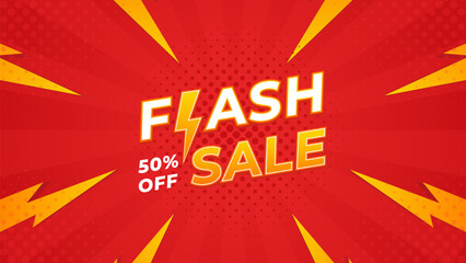 Flash sale promo banner template. Red comic sunburst background with lightning effect. Flash sale text effect design for Sale promotion, website, business, event, and advertising