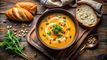 Bowl of pumpkin soup with bread and herbs
