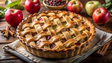 Homemade apple pie with lattice crust on rustic wooden table