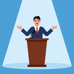 Illustration of a confident businessman speaking at a podium, symbolizing public speaking, a conference, or political speech.
