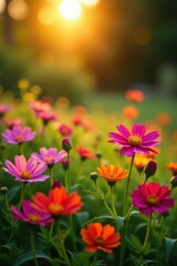 Vibrant wildflowers bathed in golden sunset light, botanical, nature photography