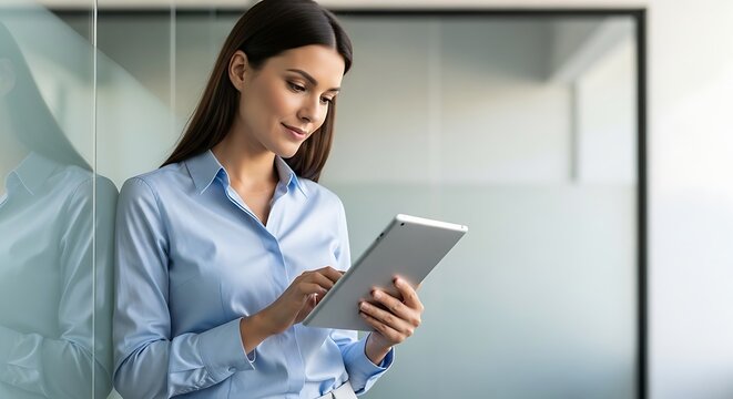 Business Woman Leaning on Glass Wall in Modern Office Confidently Works on Her Tablet Reviewing Data and Managing Tasks