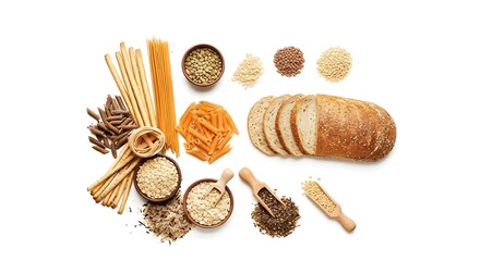Assortment of grains pasta bread and cereals on white background