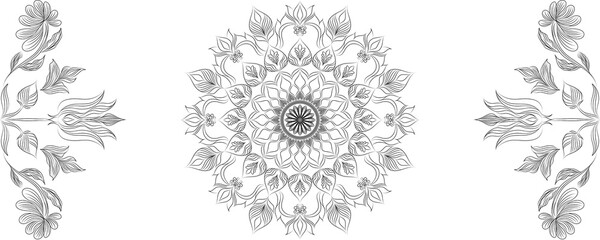 Vector ornament of a black and white sketch of a floral design