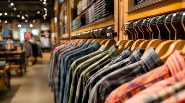 Variety of Stylish Plaid Shirts Hanging in Retail Store Display