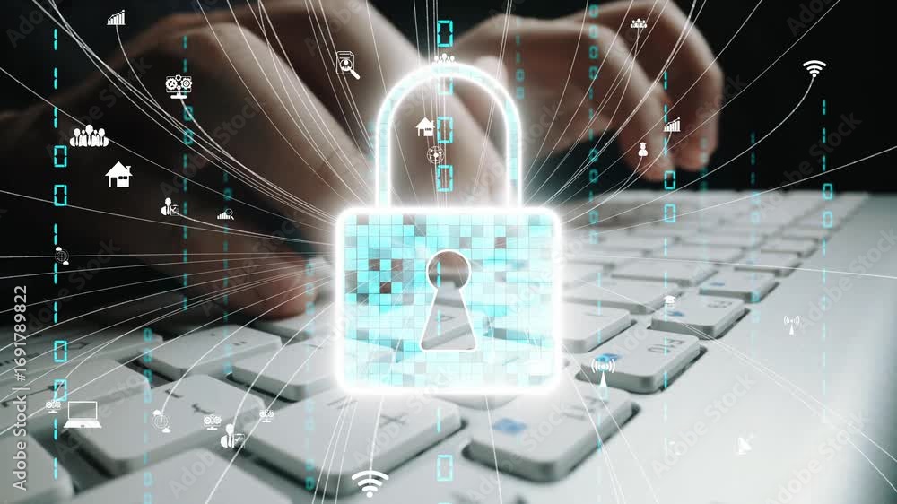 Poster this image represents the concept of cyber security, featuring a digital lock overlay on a keyboard 