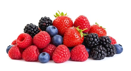 A vibrant pile of fresh mixed berries on a white background