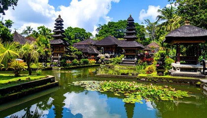 Naklejka premium Tropical temple complex reflected in a calm pond. Lush greenery surrounds traditional buildings