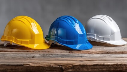 Three safety helmets on a rustic wooden surface (1)