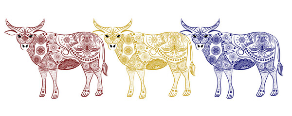 Cute black and white farm animal silhouettes of a cow, bull, and calf