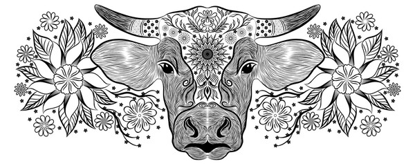 Cute wild horned animals, including a bull , with black and white cartoon