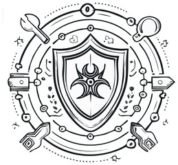 Obraz premium Monochrome Emblem with a Shield and Stylized Symbols Depicting Alchemy Science and Protective Measures