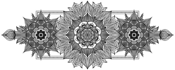 Black and white vintage art of a decorative floral mandala with an ornate ornamental frame