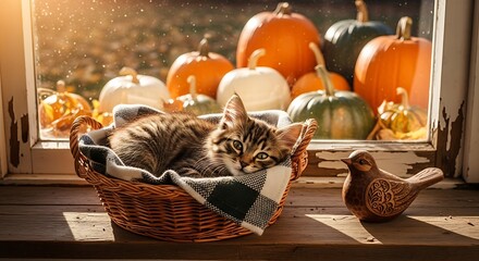 Peaceful Tabby Cat Napping in Wicker Basket on Sunlit Windowsill with Autumn Pumpkins; Cozy Fall Scene with Warm Light