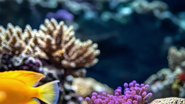A bright yellow tropical fish swimming among colorful coral in an aquarium.