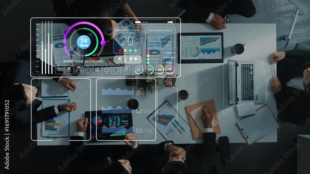 Poster a modern workspace showcases a digital dashboard with analytics and data visualizations for smart ho