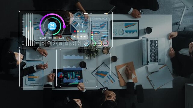 A modern workspace showcases a digital dashboard with analytics and data visualizations for smart home management, promoting collaboration and innovation in business settings. Raster - Powered by Adobe