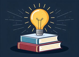 Bright idea illuminated by knowledge from stacked books on a dark background