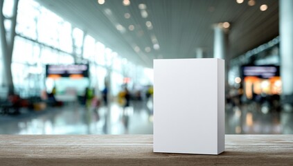 Blank white box on wooden table in airport