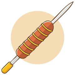 Grilled Sausage Skewer Cartoon Illustration Featuring Brown Meat and Golden Yellow Accents on a Beige Circular Backdrop